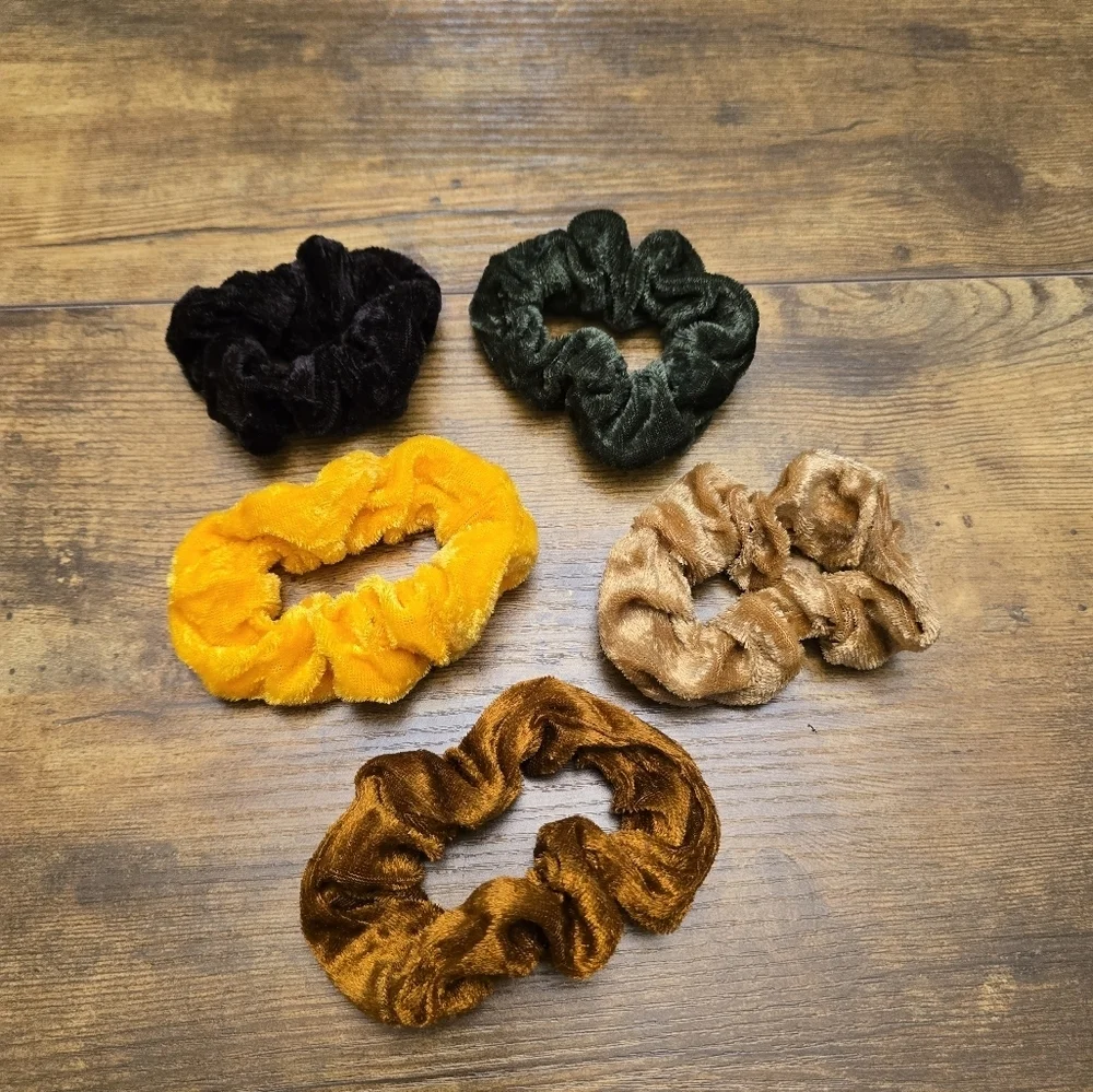 New Velvet Scrunchies Set of 5 Black, Green, Yellow, Brown, Tan